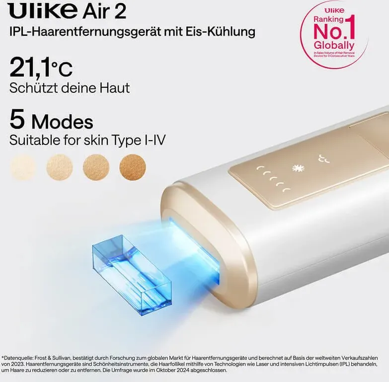 Ulike Air 2 IPL Haarentfernungsgerät für Damen und Herren mit Eiskühltechnik, nahezu schmerzfreie Ergebnisse, sichere Alternative zur Laser-Haarentfernung, für Körper und Gesicht, weiß