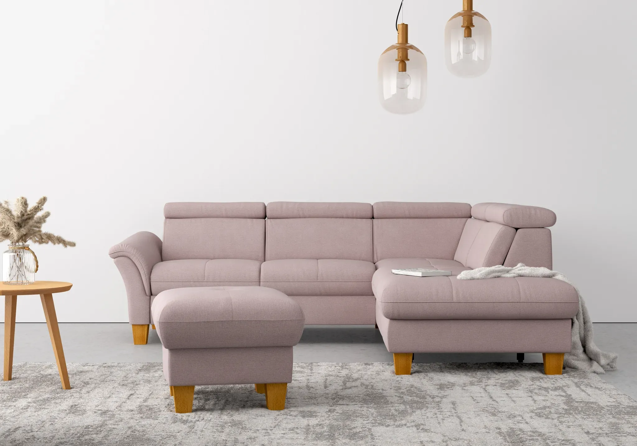 Ecksofa HOME AFFAIRE "Lindgren L-Form" Sofas Gr. B/H/T: 249cm x 84cm x 217cm, Chenille, Ottomane rechts, mit Bettfunktion mit einklappbaren Rollen-mit Stauraum-mit Kopfteilverstellung-ohne TV-Funktion motorisch ohne Stauraum-mit Federkern, rosa (rose) wahlweise mit TV-Funktion, Stauraum und Kopfteilverstellung