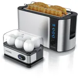 Arendo Frühstücksset, Langschlitz Toaster 4 Scheiben, Eierkocher für 6 Eier, Silber