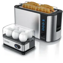 Arendo Frühstücksset, Langschlitz Toaster 4 Scheiben, Eierkocher für 6 Eier, Silber