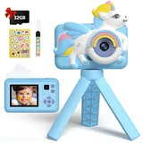 Kinderkamera, Beedove Kamera Kinder 1080P 2.0”Display Digitalkamera Kinder mit Stativ 32GB Karte, Fotoapparat Kinder Einhorn Geschenke für 3-12 Jahre Jungen und Mädchen Spielzeug Blau