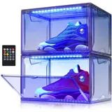 Oltraman Schuh-Organizer für Schrank, faltbare Schuhboxen, 2 Stück, transparenter Kunststoff, stapelbare Behälter, Behälter, magnetisches Sneaker-Regal für Sneakerheads mit LED-Lichtern, Grau