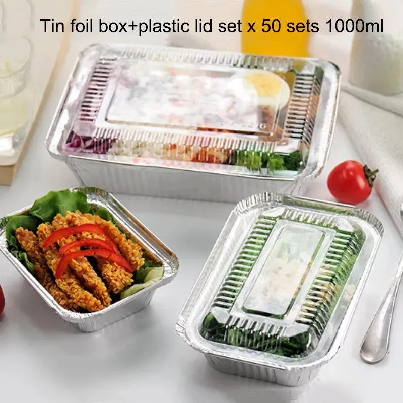Evershine Einweg-Alufolienbox für Essenszubereitung – stabiler Behälter mit Kunststoffdeckel, 1000 ml, 50 Sets