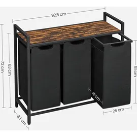 Songmics VASAGLE Wäschekorb 3 Fächer, mit Ablage, ausziehbar abnehmbar, 3 x 38 L, Schwarz - Schwarz