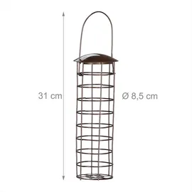 Relaxdays Meisenknödelhalter, zum Aufhängen, mit Dach, HxD 31 x 8,5 cm, Vogelfutterspender für Wildvögel, Metall, braun