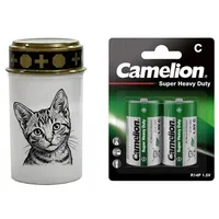 Fachhandel Plus LED Grablicht Katze, batteriebetriebenes Gedenklicht mit flackernder LED Flamme als sicherer Grabschmuck für Tiergrab und Gedenkplatz - ewiges Licht (Weiß, süße Katze)