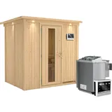 Woodfeeling Karibu Sauna-Set Bjarne inkl. Bio-Ofen 9 kW mit ext. Steuerung, Dachkranz