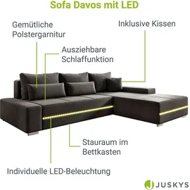Juskys Sofa Davos mit Schlaffunktion Bettkasten, & - Stoff Schlafsofa L Form Couch Beleuchtung - Dunkelgrau