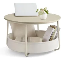 VASAGLE Couchtisch rund, mit Korb aus Stoff, naturbeige-cremeweiß