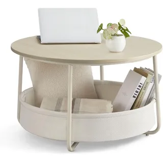VASAGLE Couchtisch rund, mit Korb aus Stoff, naturbeige-cremeweiß
