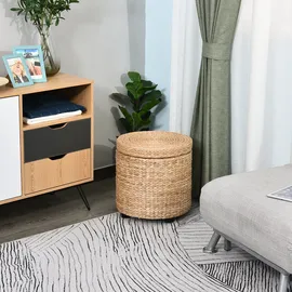 Homcom Sitzhocker mit Stauraum Fußhocker Aufbewahrungsbox abnehmbarer Deckel, Stroh Rattan, Khaki