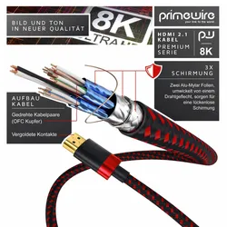 Primewire - 1,5m High Speed 8K HDMI Kabel 2.1 mit Ethernet ARC 3D 4K Ultra HD 7680x4320 @120 Hz PS4 360 TV OLED PC Laptop Beamer Monitor - Schwarz/Rot