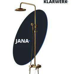 JANA | Vintage Regendusche Set Messing unlackiert Edelstahl | Retro Design Duscharmatur Duschsystem | Mischbatterie Dusche komplett mit Handbrause