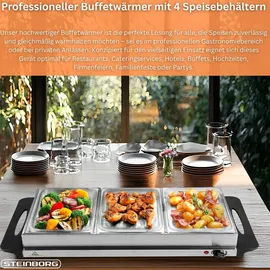Steinborg Edelstahl Buffetwärmer Speisewärmer 4 Speisebehälter stufenlosen Temperaturregler BPA-frei 300 Watt