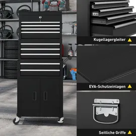 Homcom 3-in-1 Werkzeugkiste, rollender Werkzeugschrank mit 9 Schubladen - Schwarz