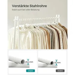 Kleiderständer aus dickem Stahlrohr, 33,5 x 92,5 x 153 cm, Garderobe robust, Garderobenständer, Kleiderablage, mit Stange und Regal, Weiß
