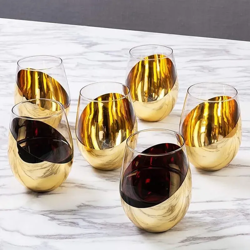 MyGift Modernes Weinglas-Set ohne Stiel, 6er-Set, Weiß- oder Rotweingläser mit messingfarbenem Metallic-Boden und schrägem Design