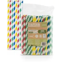 Sovie Trinkhalm in gestreift Rosa Gelb Blau Grün aus Papier, Ø 8 mm / 20 cm, 150 Stück