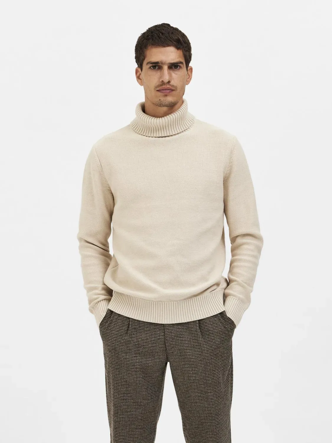 Rollkragenpullover SELECTED HOMME "SLHAXEL LS KNIT ROLL NECK NOOS" Gr. S, beige (oatmeal) Herren Pullover