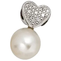 Herzanhänger JOBO "Anhänger Herz Weißgoldanhänger 16 mm", silber (weißgold 585), Schmuckanhänger, Damen, P1 = bei 10-facher Vergrößerung erkennbare Einschlüsse, Diamanten Perlen Weißgold 585, Diamanten, Perlen, Weißgold 585, 585 Weißgold mit Perle und 10 Diamanten