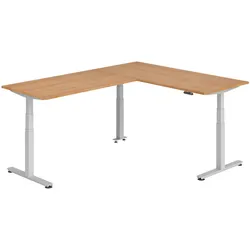 bümö Eckschreibtisch elektrisch höhenverstellbar L-Form: 180 x 240 cm in Nussbaum, Gestell silber - Stehschreibtisch mit Memory-Steuerung,