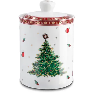 Peill+Putzler Germany Weihnachtsgeschirr,große Keksdose mit Weihnachtsmuster, Geschirr für Weihnachten, feinstes Bon China Porzellan in weiß, mit Goldrand daher nur Handwäsche