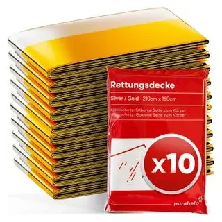 purahelp PURAHELP® Rettungsdecke [10 Stück, Hitze- und Kälteschutz, 210 x 160cm
