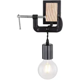 ETC Shop Wandleuchte hängend Wandlampe aus Holz mit Schraubzwinge schwarz, 1x E27, Textilkabel schwarz, 14x28x15cm, Flur Schlafzimmer Treppenhaus Wohnzimmer