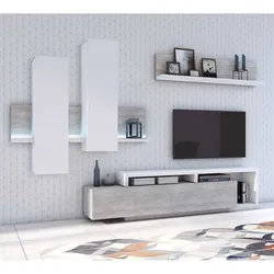 Wohnzimmerwand modern in Beton Grau und Weiß LED Beleuchtung (dreiteilig)