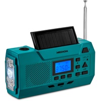 MEDION E66806 Kurbelradio (Solar, Dynamo Handkurbel, Baustellenradio, UKW Radio, Taschenlampe, SOS Notfall Funktion)