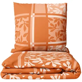 Leonado Vicenti Bettwäsche Biber Baumwolle 135x200, flauschig, Biber, 2 teilig, kuschelig warm, Blumen und Streifen orange
