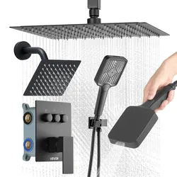 VEVOR Duschsystem-Set mit 12 Zoll Regenduschsystem / 6 Zoll Wandmontagekopf / 4 in 1 Handbrause, drehbarer Doppelregenkopf (3 Funktionen), Messingventil und Verkleidungssatz, Mattschwarz