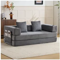 Leawin Sofa Sofas Wohnzimmer, Sofa mit schlaffunktion aus Cord mit Cupholder, Faltbares Loungebett mit Seitentaschen und ohne Montage grau