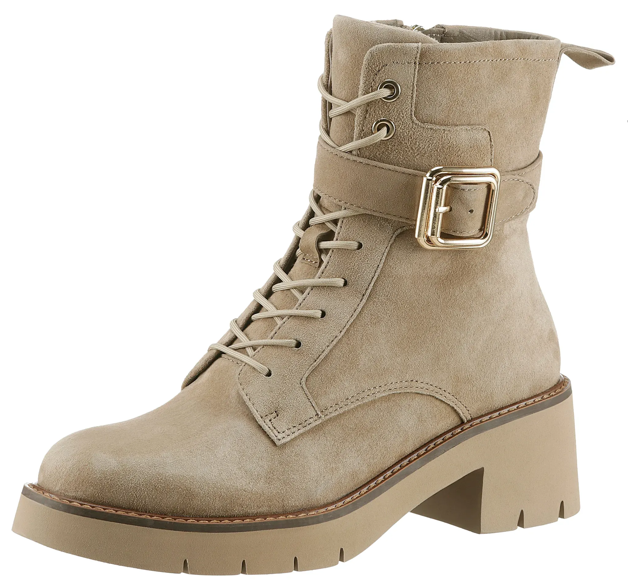 Schnürstiefelette TAMARIS, Damen, Gr. 38, beige, Veloursleder, unifarben, modisch, Schuhe, Blockabsatz, Schnürboots mit modischer Zierschnalle