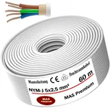 MAS Premium Feuchtraumkabel Stromkabel 5-170m Mantelleitung NYM-J 5x1,5, 2,5, 4, 6, 10 oder 16 Elektrokabel Ring für feste Verlegung (NYM-J 5x2,5 mm2, 60m)