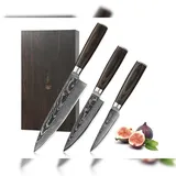 Wakoli EDIB Essentials 3er Damastmesser-Set - 20cm, 13cm & 10cm Klingen aus 67 Lagen Damaststahl - Pakkaholzgriff - Inklusive Holzbox