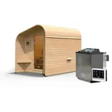 Woodfeeling Karibu Gartensauna/Saunafass Fasshaus 2 asymmetrisch inkl. 8-teiligem gratis Zubehörpaket 9 kW Bio-Kombiofen inkl. Steuergerät