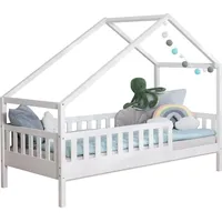 TICAA TiCAA Hausbett Bodenbett wandelbar mit asymmetrischem Dach "Lou" 90/100/120/140x200 cm für Jungen & Mädchen, inkl. Rolllattenrost & Rausfallschutz, Montessori Bett aus Kiefer Massivholz