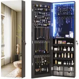 Vlsrka LED Schmuckschrank Hängend, Türspiegel/Wandspiegel Schmuckschrank, Schmuckschrank mit Spiegel Abschließbarer, Schmuckspielgelschrank mit 3 Farben Licht, Spiegelschrank mit Beleuchtung, Schwarz
