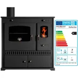 Prometey EEK A+ Kaminofen mit Backfach und Herdplatte Perfect Eco Schwarz Rechts Holzofen 7 kW Kamin Ofen Holz Werkstattofen Hüttenofen Heizofen Gartenofen, L