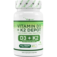Vitamin D3 + K2 Depot - 180 Tabletten - Premium Rohstoff: 99,7+% All-Trans (K2VITAL® von Kappa) - Mit 5000 I.E. Vitamin D3 pro Tablette - Laborgeprüft - Hochdosiert