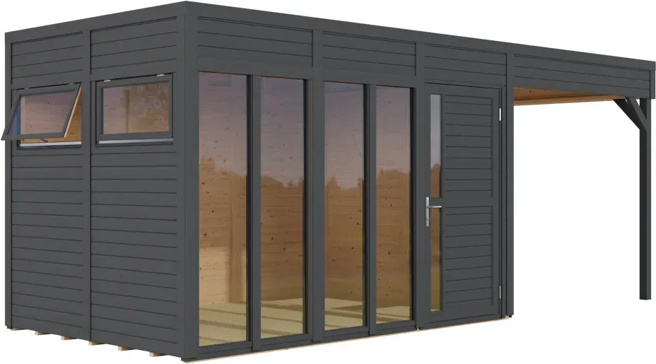 Bertilo Element-Gartenhaus Pentus 2 Office inkl. Lounge-Anbau - 19 mm anthrazit 447 x 234 cm