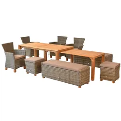 Merxx Toskana Gartenmöbeset, 4 Sessel, 2 Bänke, 2 Hocker, 2 Tische, Akazie/Kunststoffgefelcht