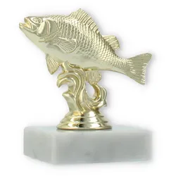 Pokal Kunststofffigur Flussbarsch gold auf weißem Marmorsockel 9,8cm