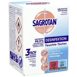 SAGROTAN Feuchte Tücher, Feuchttücher zum Reinigen und Desinfizieren von Flächen und Gegenständen, 1 Packung = 15 Tücher (einzeln verpackt)
