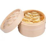 Alpina Bambus Dampfkorb - Dampfkorb mit 2 Etagen - 20 x 13,5 cm - 100% Bambus - Dampfen über Topf - Geeignet für Teigtaschen, Gemüse, Reis und mehr - mit Deckel, Braun