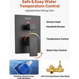 Vevor Duscharmatur Regenduschsystem fürs Badezimmer Duschsystem mit 305 mm quadratischen Regenduschkopf & Handbrause, wandmontierte Badezimmerarmaturen mit Messingventil & Zierset, Mattschwarz