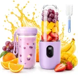 Tragbarer Mixer Smoothie Maker, 500 ml Mixer Smoothie Maker to Go mit Digitalanzeige, 16-Blatt MIXER to Go Elektrisch mit Reinigungsbürste, Wiederaufladbarem Smoothiemaker für Reisen, Lila