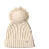 SANSUILOKE 100% Kaschmir Strickmütze für Frauen Pelz Pom Pom Mütze für Damen Cuffed Beanie Reines Kaschmir Strickmützen für kaltes Wetter, weiß, Einheitsgröße - Einheitsgröße