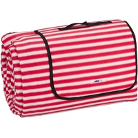 Relaxdays XXL Picknickdecke, 200x300 cm, isoliert, wasserdicht, gestreifte Fleece Stranddecke, mit Tragegriff, rot-weiß
